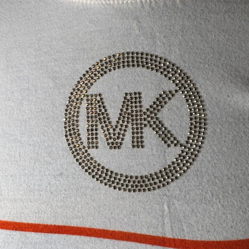 Michael Kors Womens XS T-Shirt Orange Striped Embellished Logo Tee‎